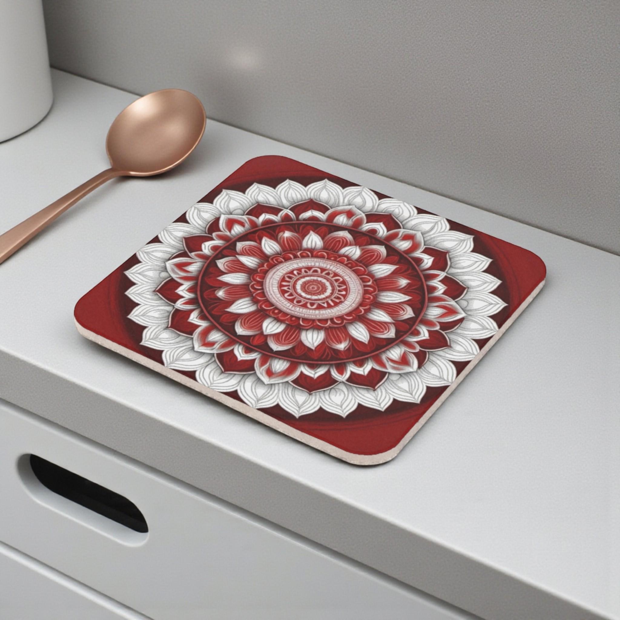 Radiant Red Mandala Cork Back Coaster