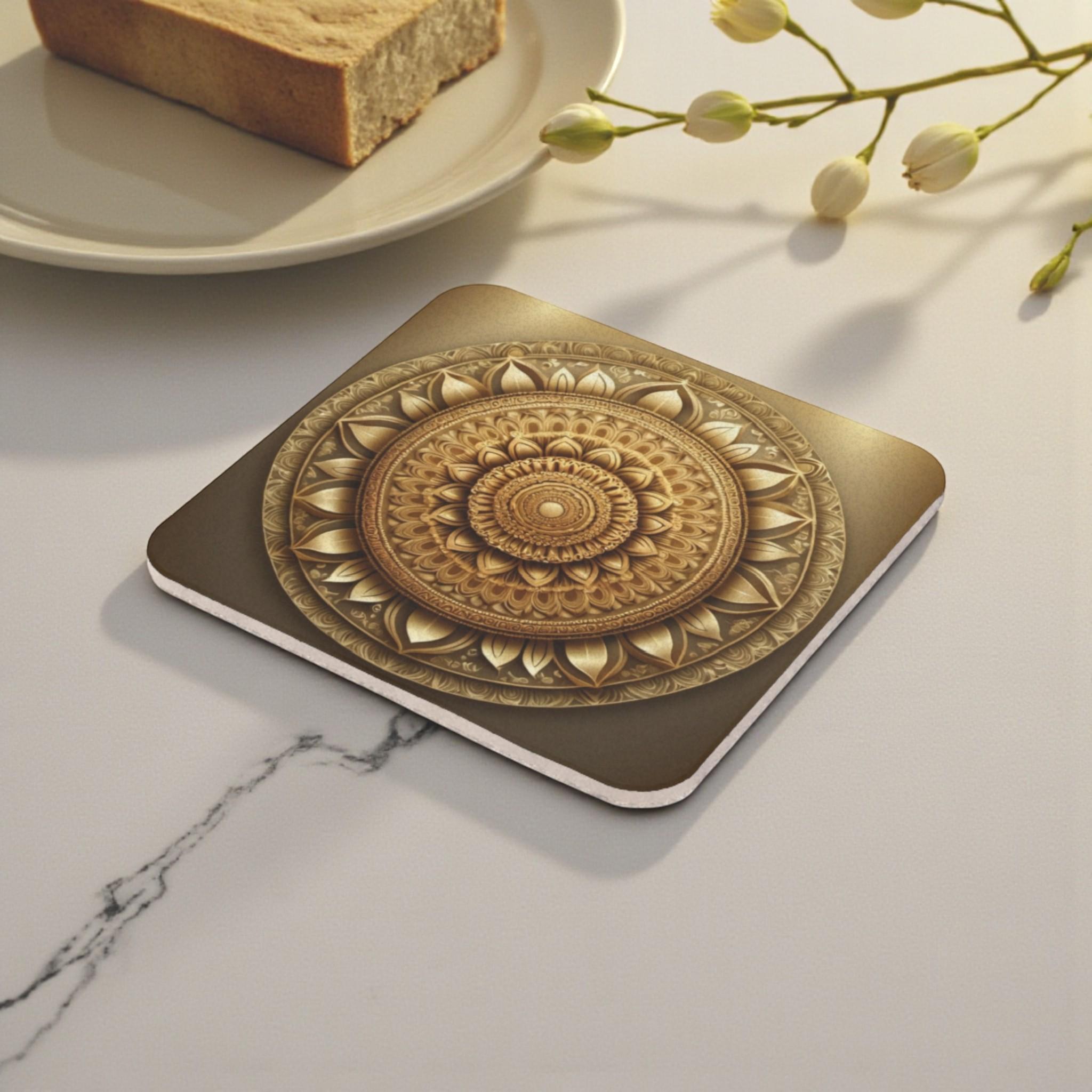 Radiant Golden Mandala Cork Back Coaster