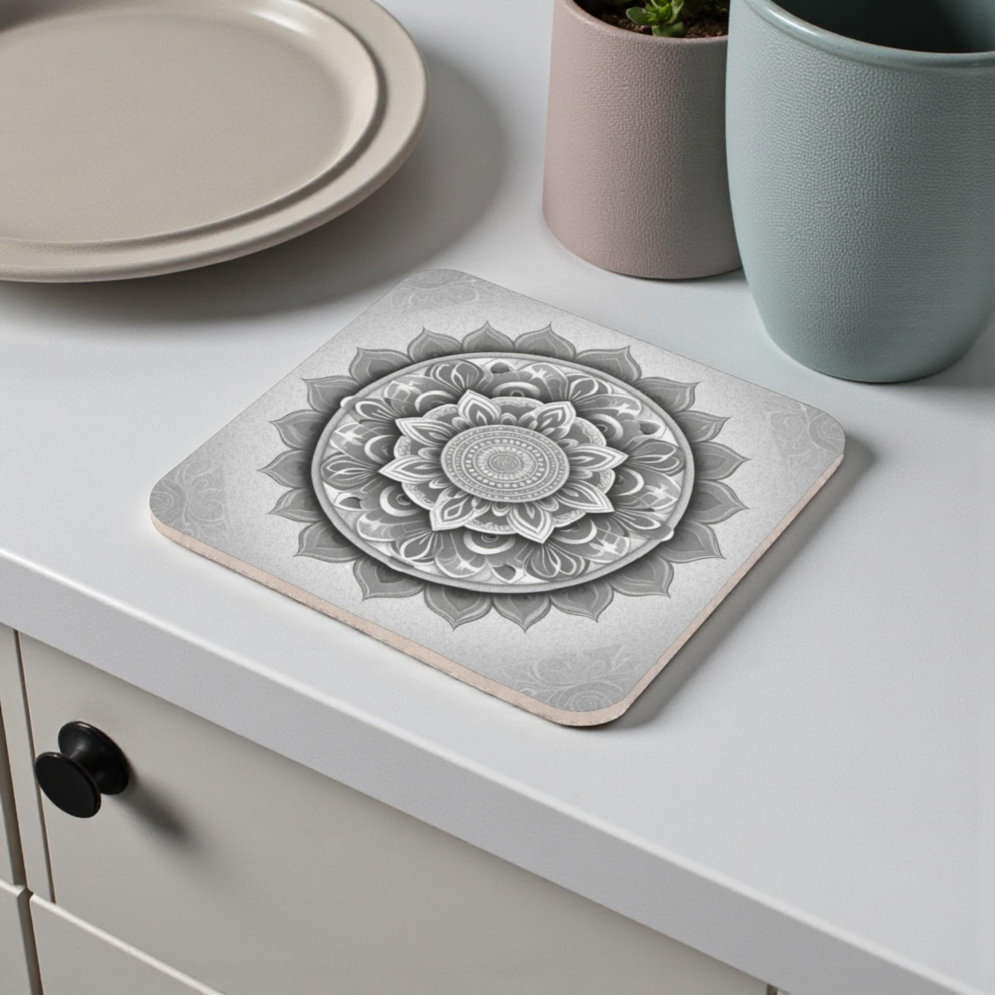 Detailed Gray Mandala Cork Back Coaster
