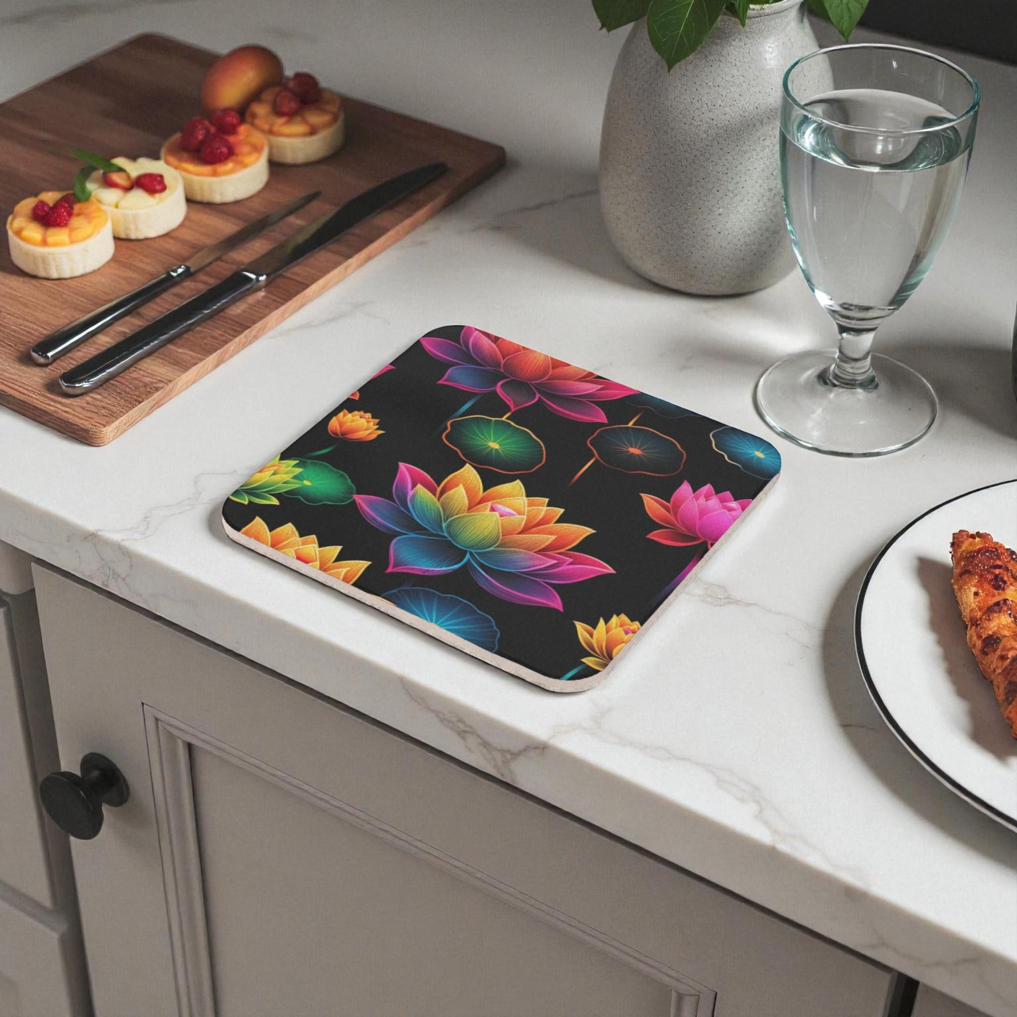 Vibrant Colorful Lotus Floral Cork Coaster